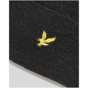 Charcoal beanie with yellow bird patch, lyle & scott brand.