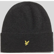 Charcoal gray beanie with yellow bird logo, lyle & scott brand.