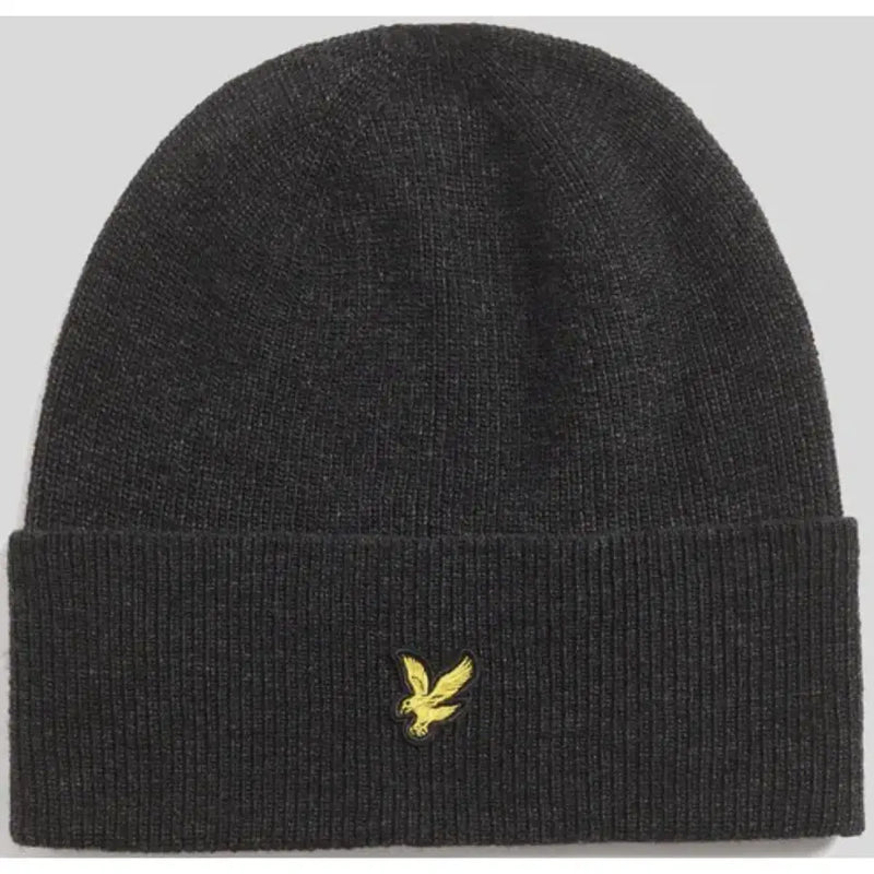 Charcoal gray beanie with yellow bird logo, lyle & scott brand.
