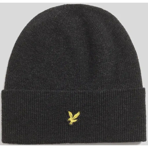 Charcoal gray beanie with yellow bird logo, lyle & scott brand.