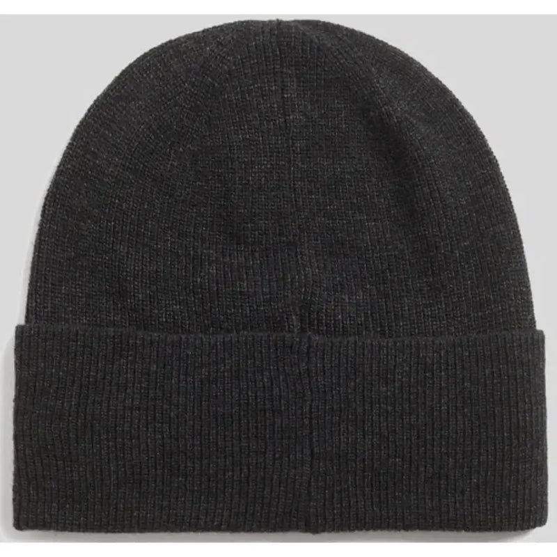 Charcoal gray ribbed beanie hat with fold-over cuff, likely made of wool or acrylic.charcoal gray ribbed beanie hat with fold-over cuff, likely made of wool or ac
