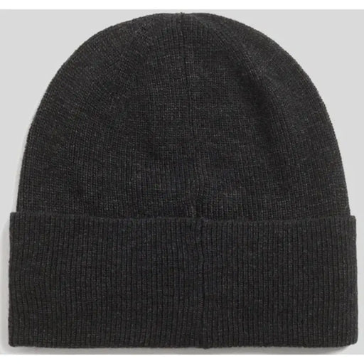Charcoal gray ribbed beanie hat with fold-over cuff, likely made of wool or acrylic.charcoal gray ribbed beanie hat with fold-over cuff, likely made of wool or ac