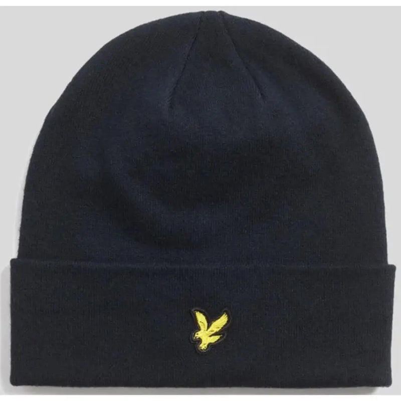 Navy blue beanie with yellow bird logo, lyle & scott brand.
