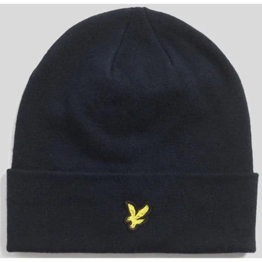 Navy blue beanie with yellow bird logo, lyle & scott brand.