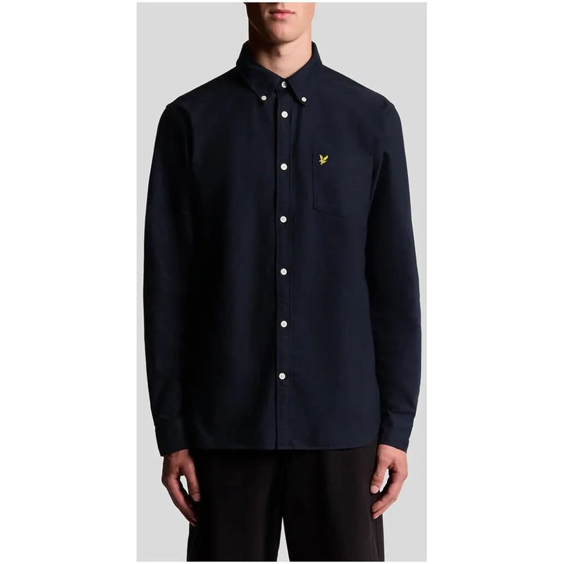 Navy blue Lyle & Scott long sleeve cotton shirt with button-down front and yellow bird logo on left chest pocket