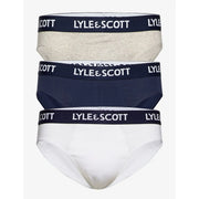 Three lyle & scott men’s briefs in heather gray navy blue and white with branded elastic waistbands 95% cotton 5% elastane
