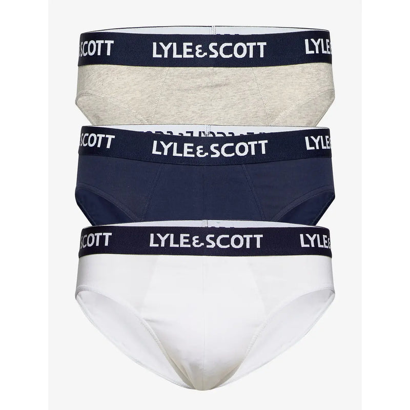 Three lyle & scott men’s briefs in heather gray navy blue and white with branded elastic waistbands 95% cotton 5% elastane