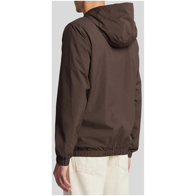A sleek dark brown hooded blazer by Lyle & Scott made of smooth lightweight fabric with elasticated cuffs and hem