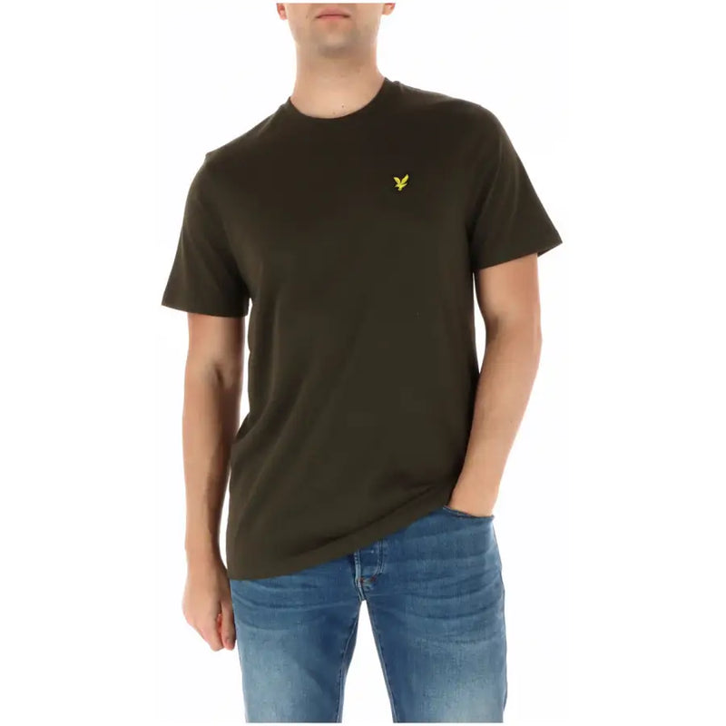 Olive green cotton short sleeve t-shirt with small yellow bird logo on left chest by lyle and scott