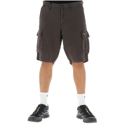 Lyle & Scott grey linen shorts for men featuring dark brown cargo design with multiple pockets and yellow logo on thigh