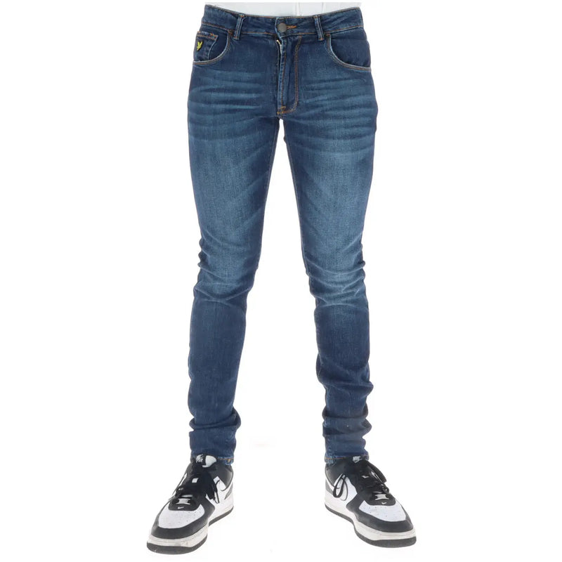 Lyle & Scott Jean pour homme en denim bleu foncé, coupe slim, logo jaune sur la poche avant droite, vue de face