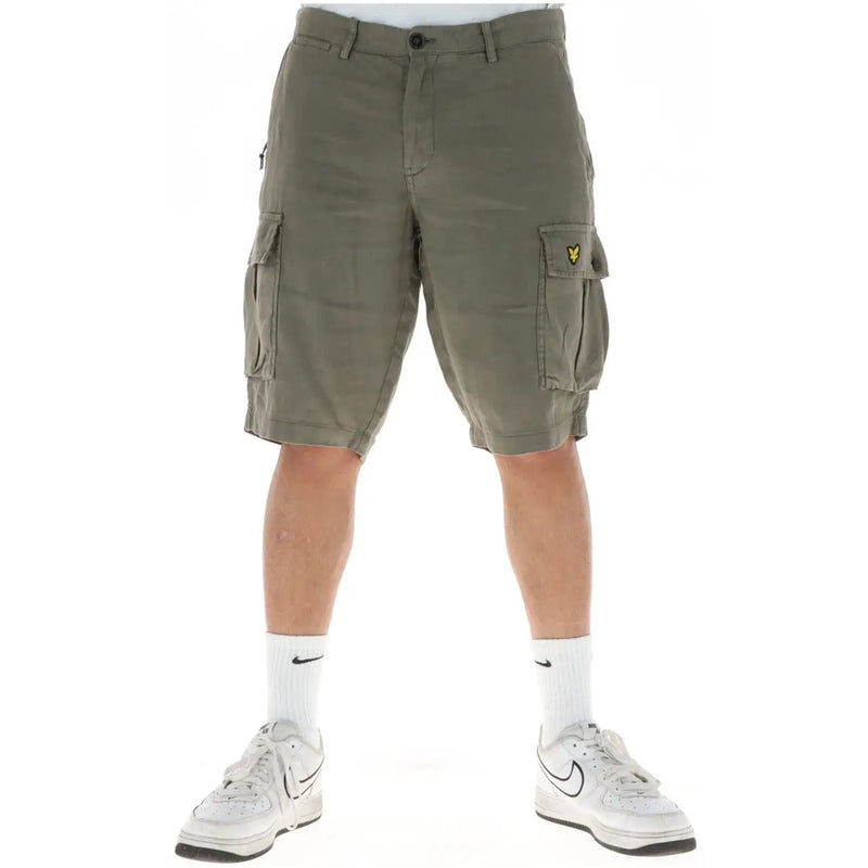 Lyle & Scott Short en lin pour homme, vert olive, à poches multiples et logo oiseau jaune, vue de face
