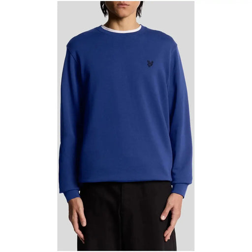 Lyle and Scott men beige cotton round neck sweatshirt with royal blue crewneck and white ribbed trim and black logo