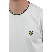 White crewneck t-shirt with black and white ribbed collar trim and yellow bird logo in 100 percent cotton by lyle and scott
