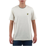 Lyle & Scott men beige cotton t-shirt with black white ribbed crew neck and yellow bird logo on left chest