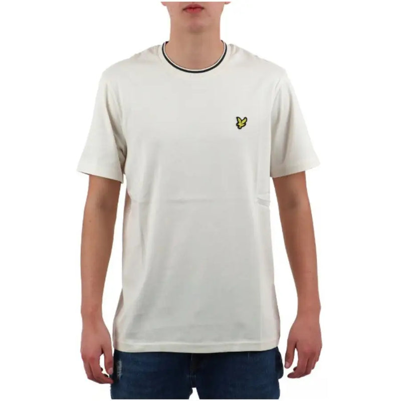 Lyle & Scott men beige cotton t-shirt with black white ribbed crew neck and yellow bird logo on left chest