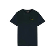 T-shirt noir à manches courtes en coton de la marque Lyle and Scott, orné d'un petit logo oiseau jaune brodé sur la poitrine gauche.