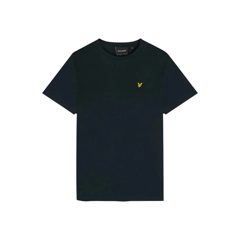 T-shirt noir à manches courtes en coton de la marque Lyle and Scott, orné d'un petit logo oiseau jaune brodé sur la poitrine gauche.