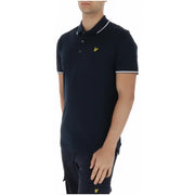 Polo homme bleu marine Lyle and Scott en coton à manches courtes, avec bordure blanche et logo oiseau jaune sur le devant