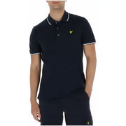 Polo homme bleu marine Lyle & Scott à manches courtes en coton, avec liseré blanc et logo oiseau jaune sur la poitrine