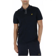 Lyle and Scott men blue short sleeve cotton polo shirt with yellow bird logo and white piping on the collar