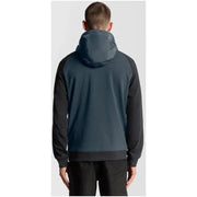 Sweat à capuche zippé bleu pour homme Lyle and Scott, bleu sarcelle foncé et noir, avec capuche matelassée et motif bicolore.