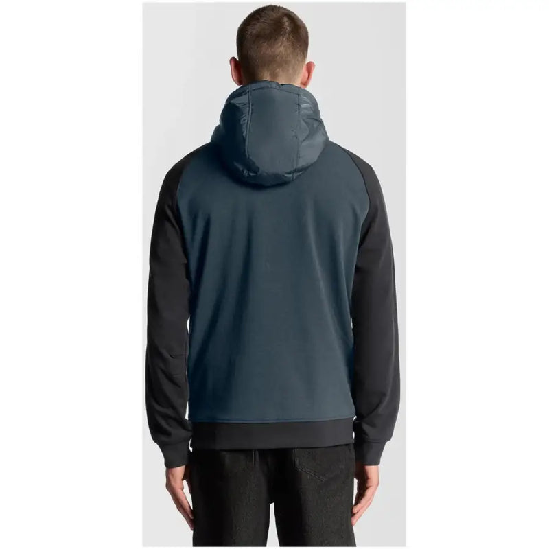 Sweat à capuche zippé bleu pour homme Lyle and Scott, bleu sarcelle foncé et noir, avec capuche matelassée et motif bicolore.