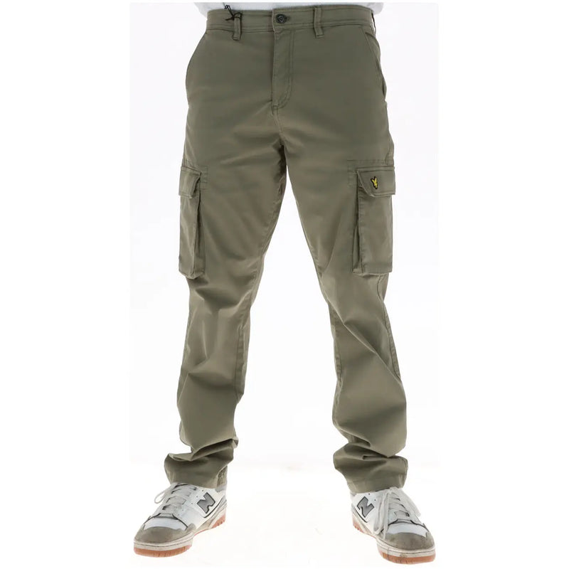 Lyle and Scott men brown cotton cargo trousers with multiple pockets and a small yellow logo on the thigh
