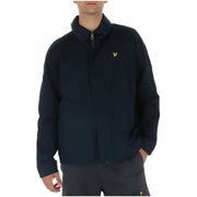 Blazer zippé bleu marine Lyle & Scott pour homme, en mélange de coton, avec col foncé et logo brodé doré sur la poitrine.