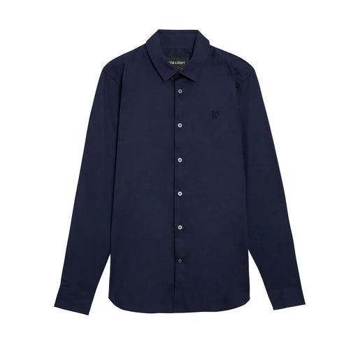 Chemise en coton bleu marine à manches longues pour homme, signée Lyle and Scott, avec détails boutonnés sur le devant.