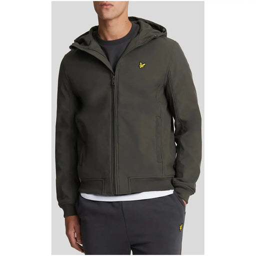 Dark olive green lyle and scott zip-up polyester hoodie with yellow bird logo on chest for men