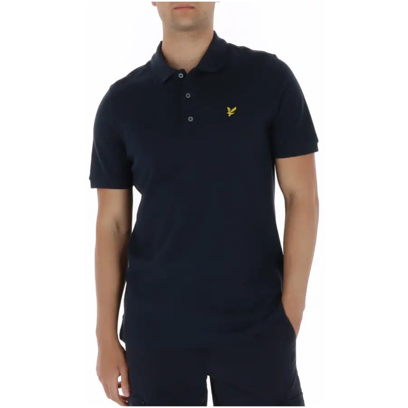 Polo homme bleu marine Lyle Scott avec logo oiseau jaune, en coton et élasthanne, manches courtes.