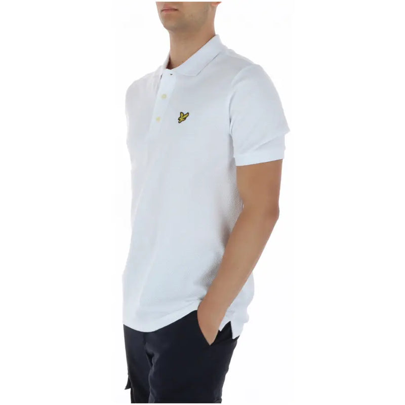 Polo homme Lyle Scott blanc à manches courtes en coton et élasthanne, orné du logo oiseau jaune sur la poitrine.