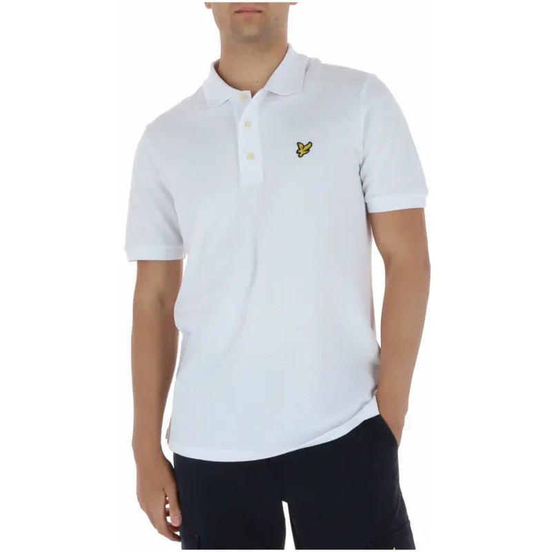 Polo homme Lyle Scott blanc à manches courtes en coton et élasthanne, orné du logo oiseau jaune sur la poitrine.