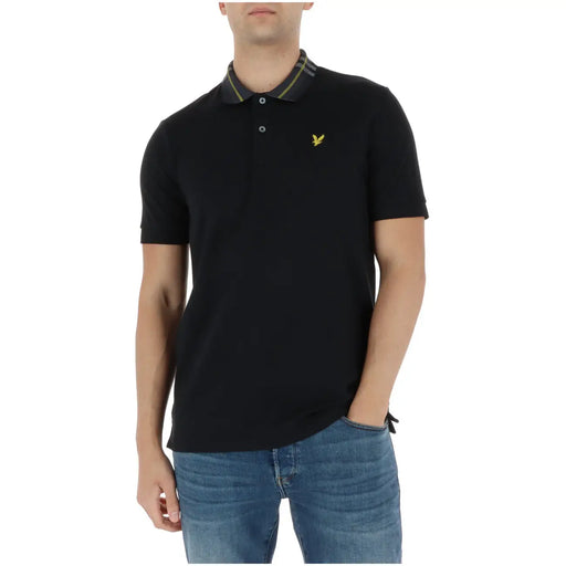 Lyle and Scott men polo black short sleeve cotton blend shirt with green and yellow collar trim and yellow bird logo