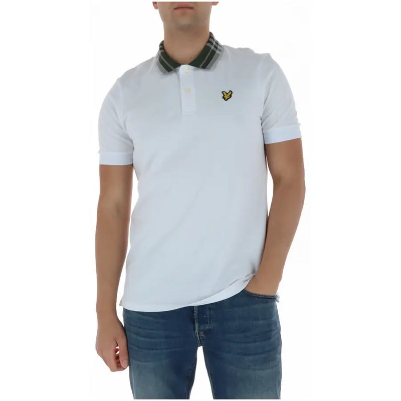 Polo homme Lyle & Scott blanc à manches courtes en mélange de coton avec col rayé vert foncé et blanc et logo oiseau jaune
