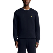 Sweat-shirt bleu marine Lyle and Scott pour homme, en coton, avec finitions côtelées blanches et logo oiseau doré sur la poitrine.