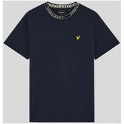 Navy blue lyle and scott men t-shirt with white ribbed collar and yellow embroidered bird logo on the chest