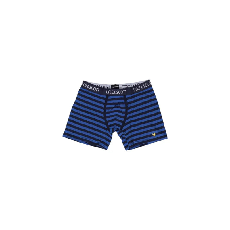 Lyle and Scott men underwear blue cotton boxer briefs with blue and navy stripes and black branded waistband