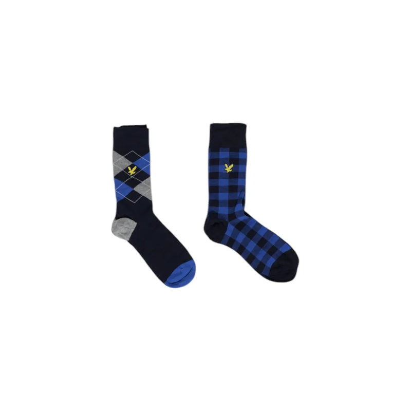 A pair of Lyle and Scott men underwear blue cotton socks with navy argyle and plaid patterns and yellow bird logo
