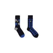 A pair of Lyle and Scott men underwear blue cotton socks with navy argyle and black blue plaid patterns and yellow bird logos