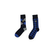 A pair of lyle and scott men underwear blue cotton socks in navy with argyle and plaid patterns and a yellow bird logo
