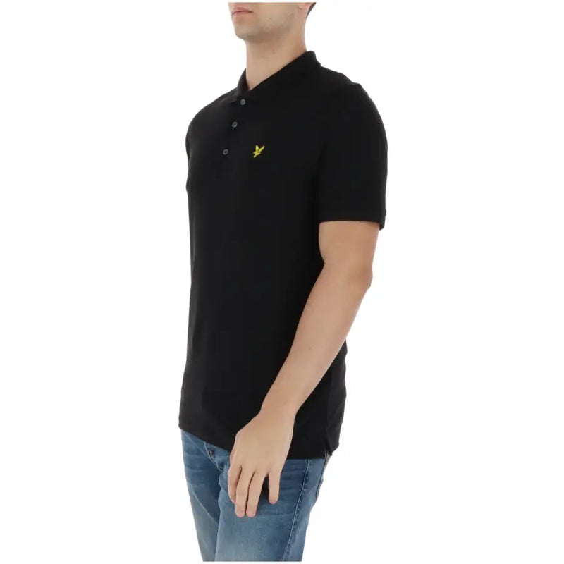 Lyle & Scott men’s black cotton polo shirt featuring a yellow bird logo embroidered on the chest