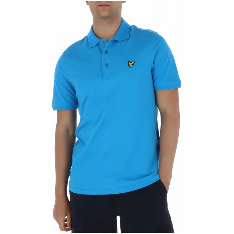 Lyle & Scott men’s bright blue polo shirt featuring a yellow bird logo on the chest, ideal for casual wear