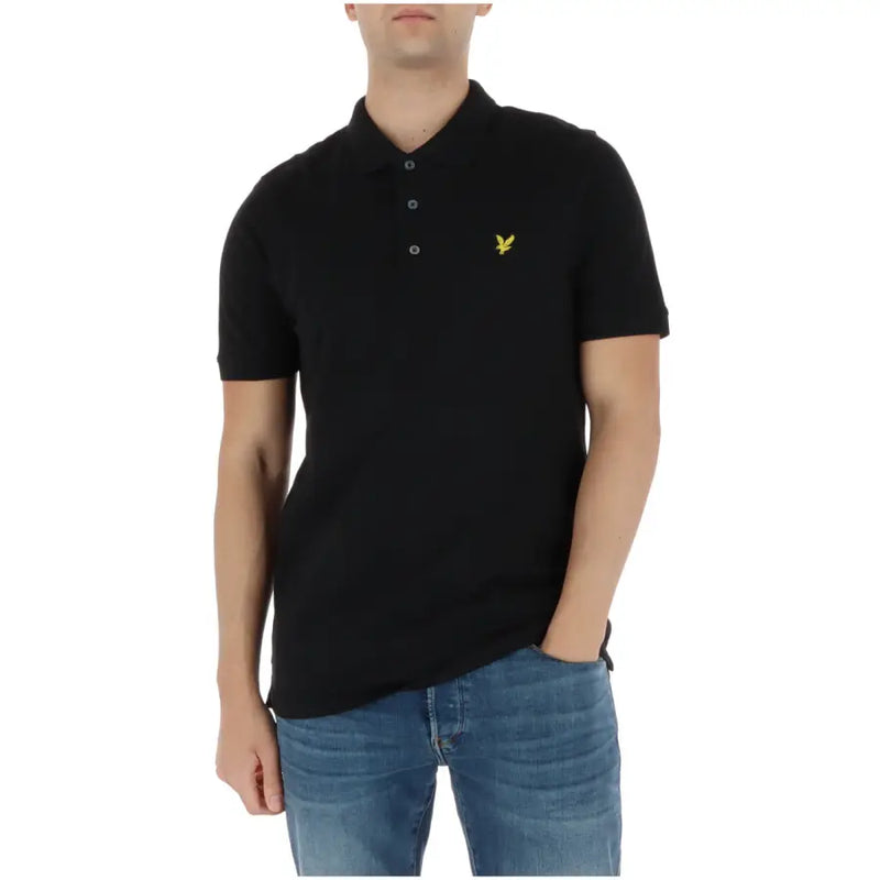 Lyle & Scott men’s black short-sleeved polo shirt with yellow bird logo on chest in breathable cotton material