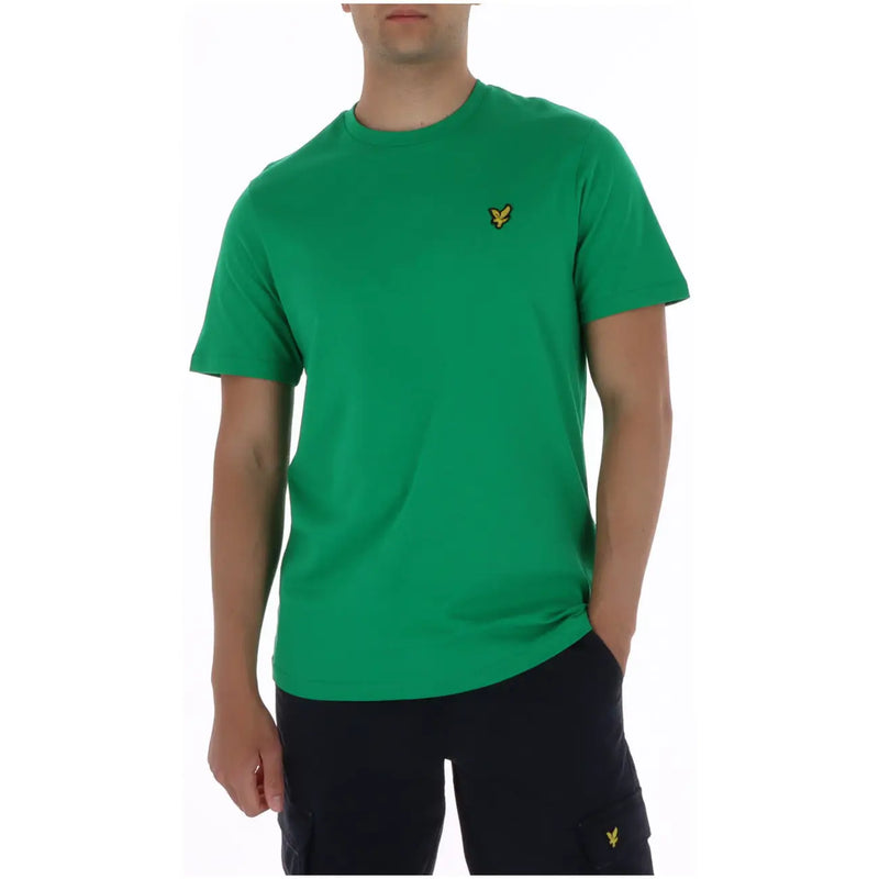 Green Lyle et Scott t-shirt avec un petit logo d'oiseau jaune sur la poitrine gauche, style col rond pour homme