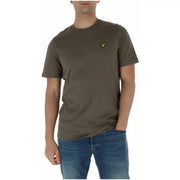 Lyle & Scott men’s olive green short-sleeved t-shirt with yellow bird logo and round neck design