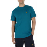 Lyle & Scott men’s teal short-sleeved t-shirt with a yellow bird logo on the left chest and round neck design