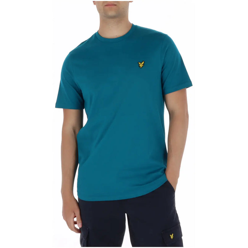 Lyle & Scott men’s teal short-sleeved t-shirt with a yellow bird logo on the left chest and round neck design