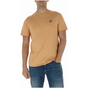 A tan lyle and scott t-shirt with a small yellow bird logo on the left chest for men